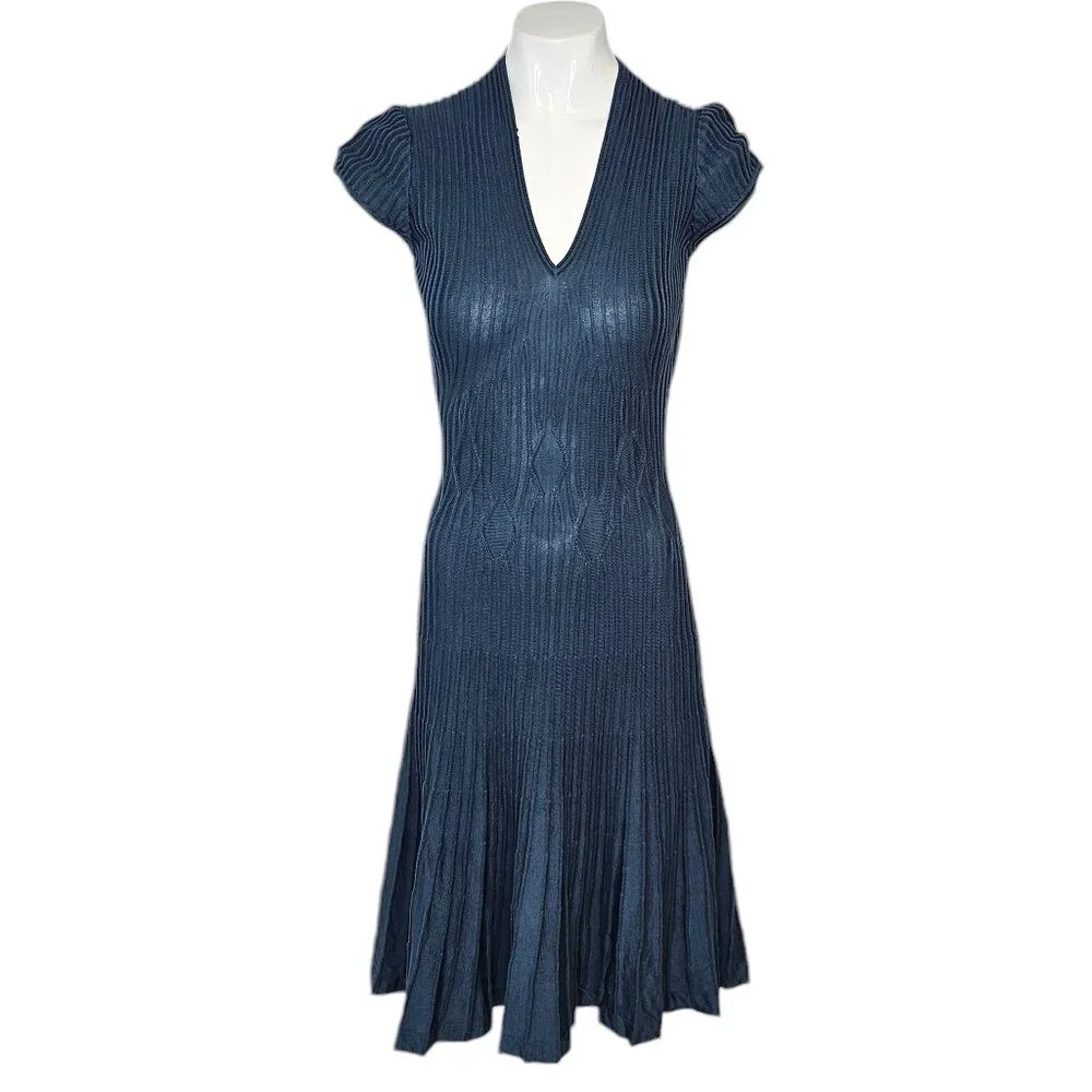 Peruvian Connection Ribbed Geometric Midi Dress Size XS Blue Stretch A-Line